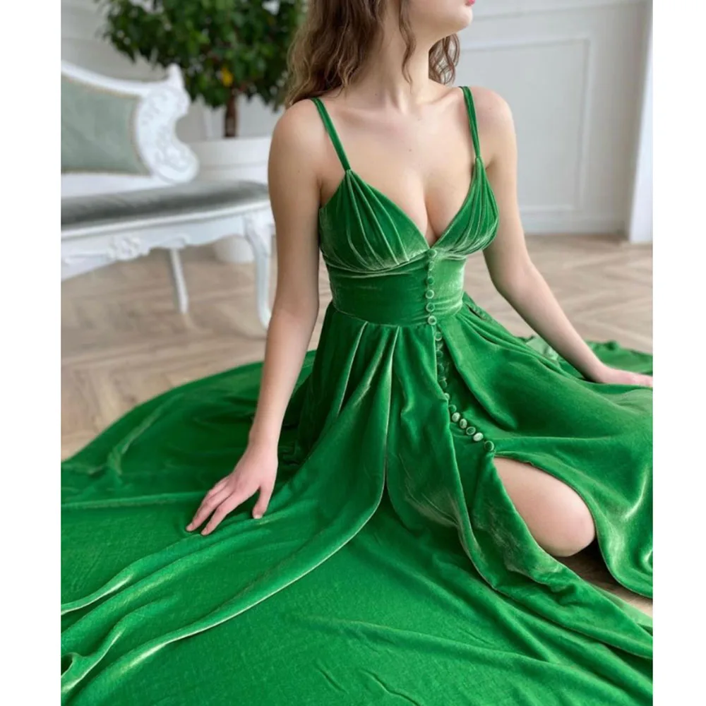 

Green Velour Evening Dresses 2021 Simple Spaghetti Strap V-Neck Prom Gowns Sexy Split A-Line Button Party Dress robes de soirée