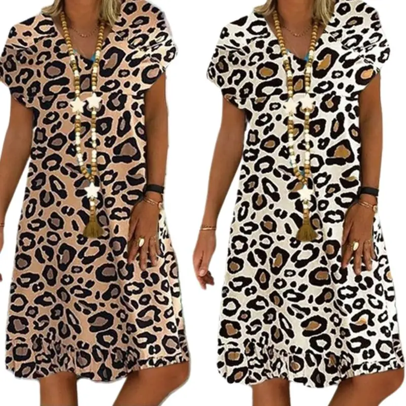 

Womens Plus Size Summer Short Sleeve Midi Long Dress Boho Leopard Print V-Neck Knee Length Casual Loose Beach Sundress S-5XL