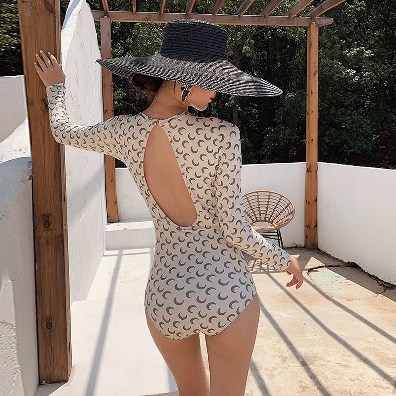 Женский слитный купальник с длинным рукавом принтом Луны пуш-ап купальники