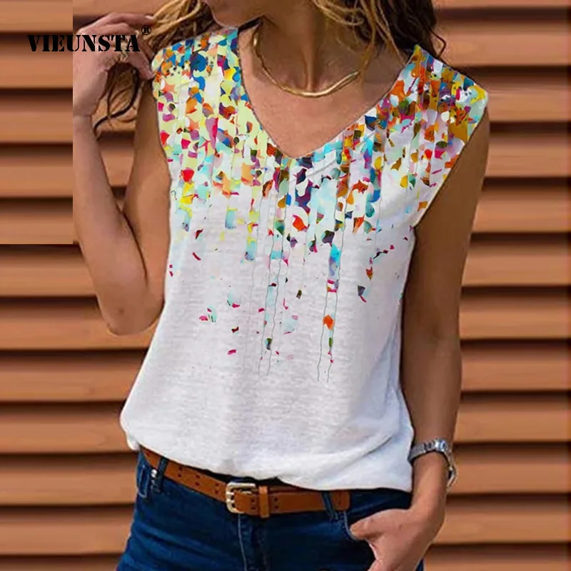 

Sexy Sleeveless Women Summer Blouses Elegant Loose Female V-Neck Pullover Tops Fashion Florals Print Shirt Blusas Streetwear 5XL