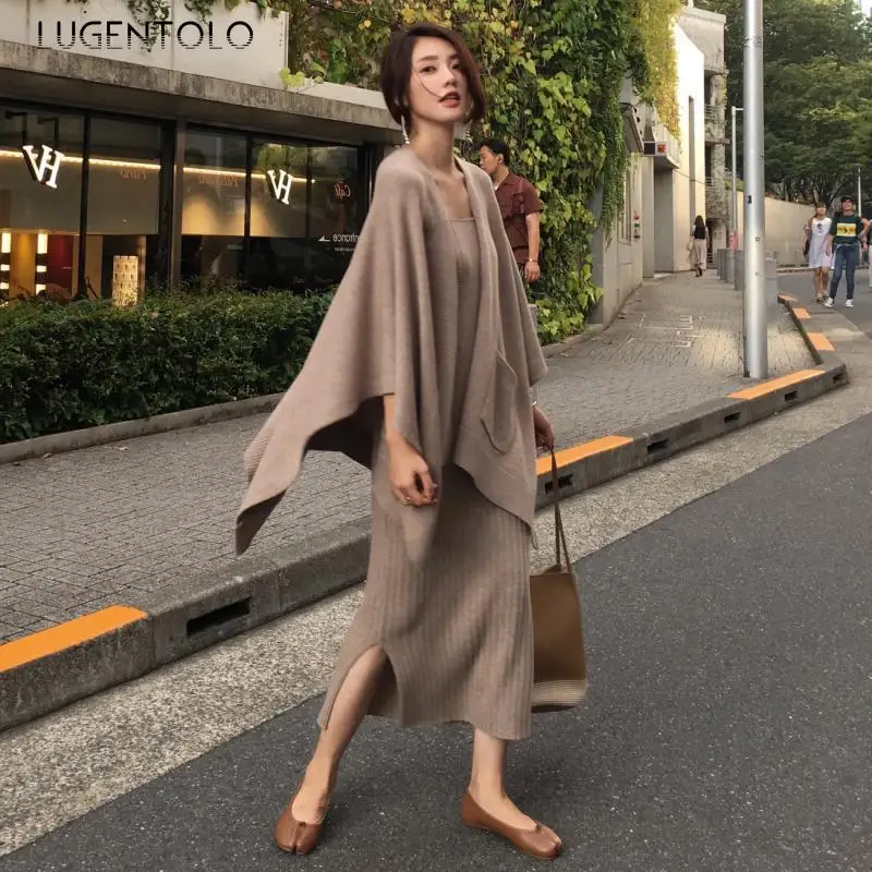 

Lugentolo 2 piece Set Sweater and Dress Spring Autumn Elegant Temperament Knitted Slip Dress Solid Color Cardigan Sweater Set