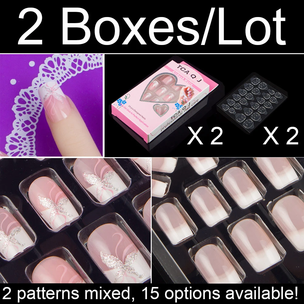 

2 Boxes/lot Mid-length Acrylic Square Full Cover False Nails With Nail Adhesive Tape Fake Nail Art Set Salon Press on Nails