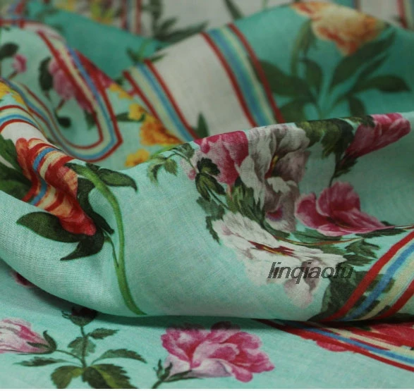 

The original summer thin pure ramie clothing large color grid fabric, printed robe dress high-end fabric