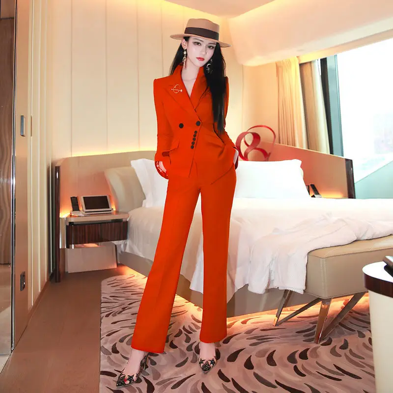 Женский офисный костюм из двух предметов блейзер с длинным рукавом и длинные