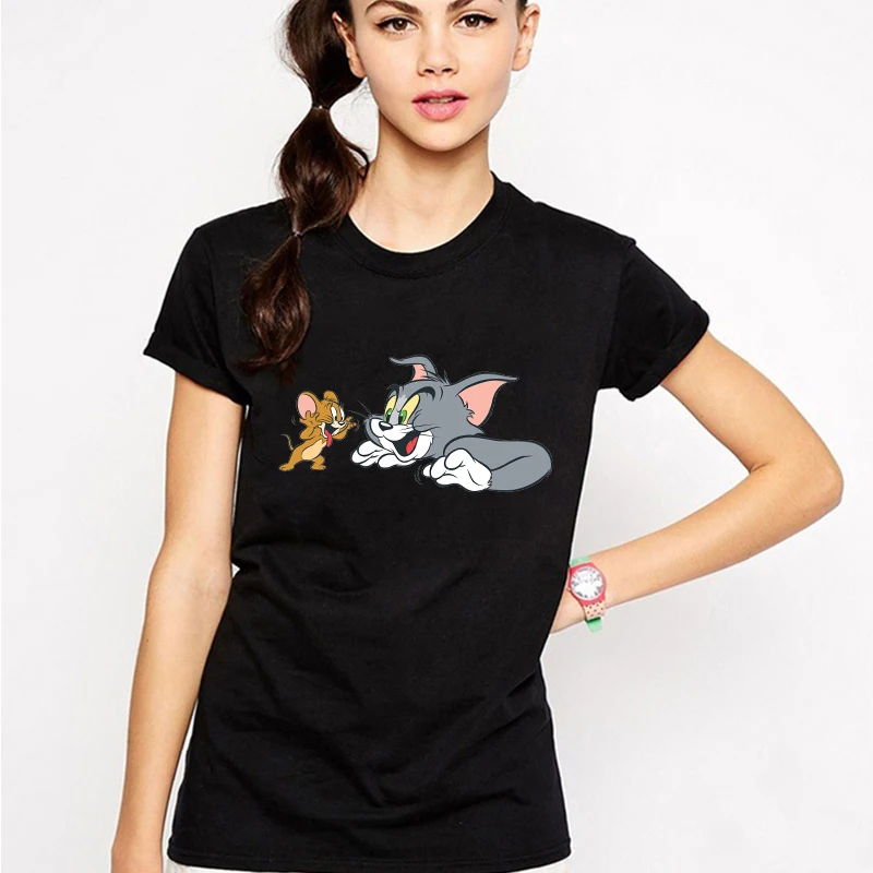 

2021 Fashion Summer T-shirts Kawaii Girls Cartoon Short Sleeves Pulovers Black and White Casual Outfit Women Harajuku Streetwear