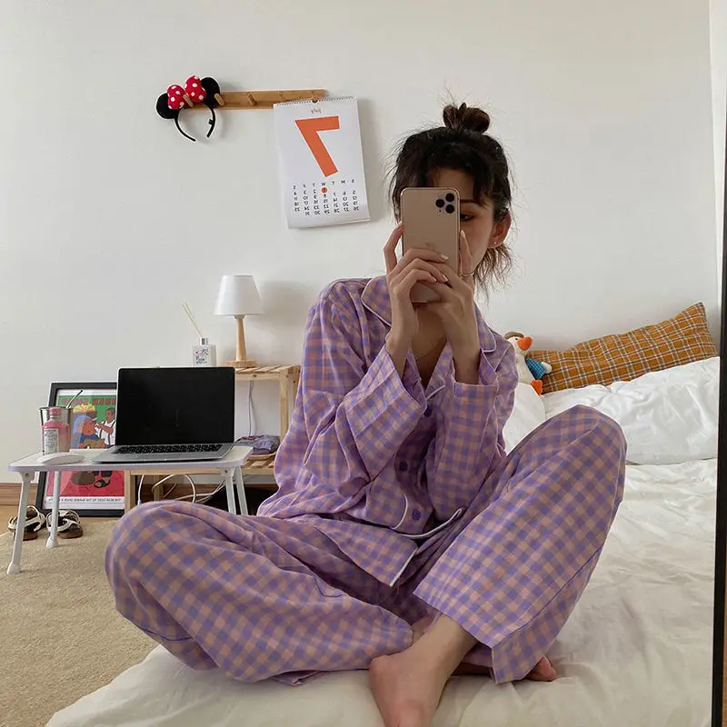 Korean Pajamas for Women Cotton Plaid Lazy Style Sleepwear Winter Pyjamas Women Homewear Pizama Damska Pijamas Mujer Invierno