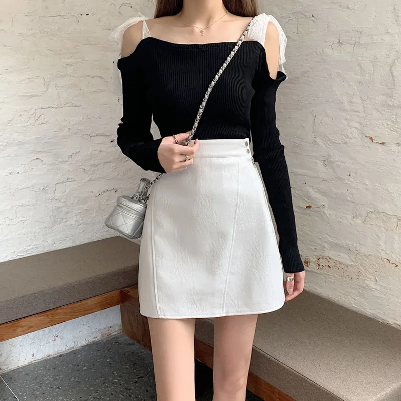 

Женская кожаная юбка с завышенной талией, черная трапециевидная тонкая юбка на молнии, осень 2021