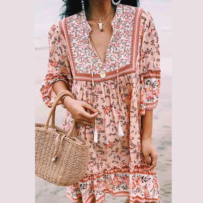 Женское платье мини из вискозы с цветочным принтом и V образным вырезом|Женские