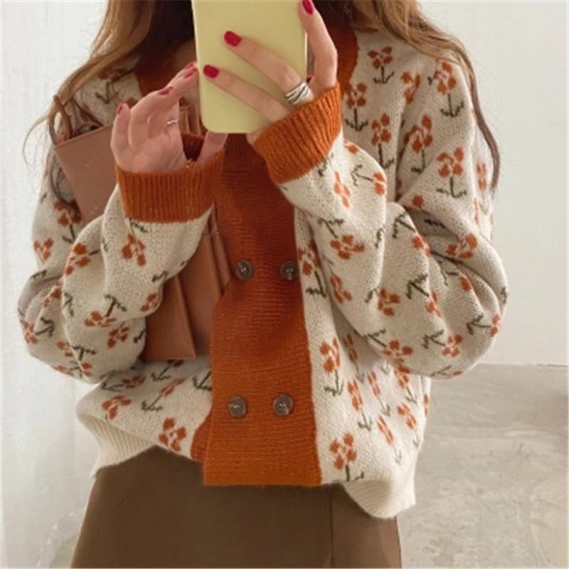

Women Floral Print Knit Cardigans Fall Winter Korean Loose O-neck Sweater Jackets For Female Casual Sweet Knitted Outwear