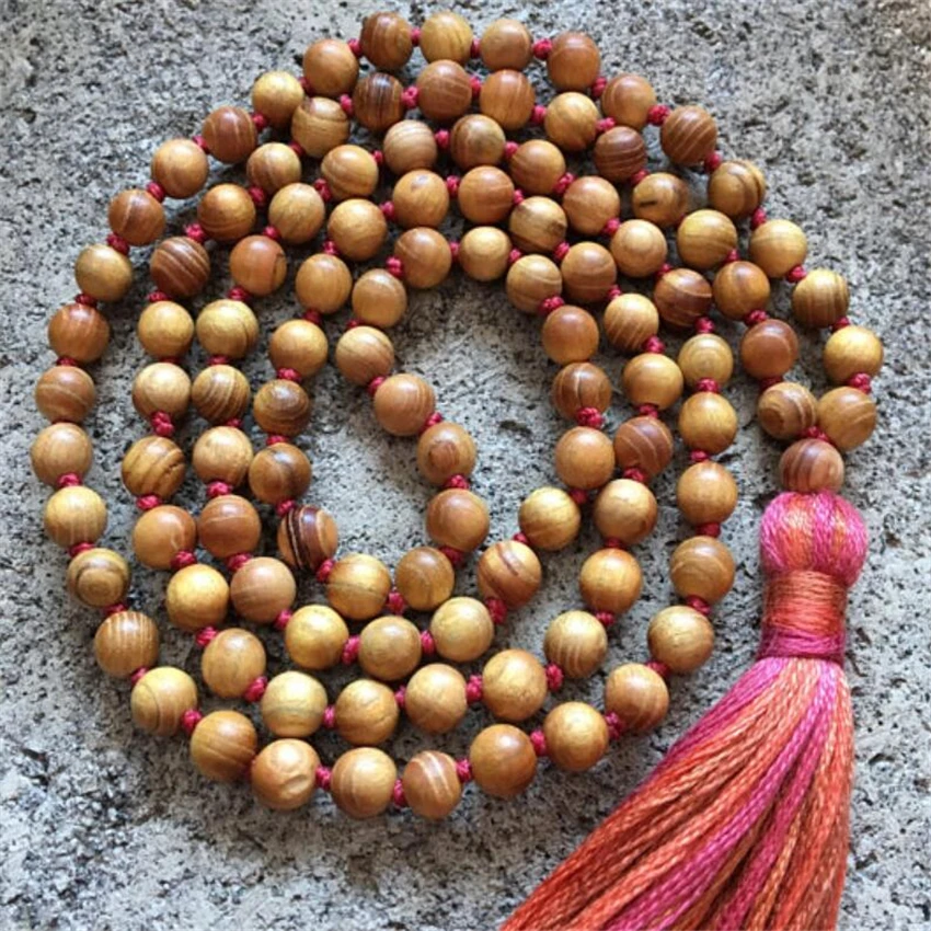 

8mm natural Sandalwood 108 knotted Mala gemstone Necklaces Practice Blessing Emotional Healing Easter Chakra Cuff Colorful