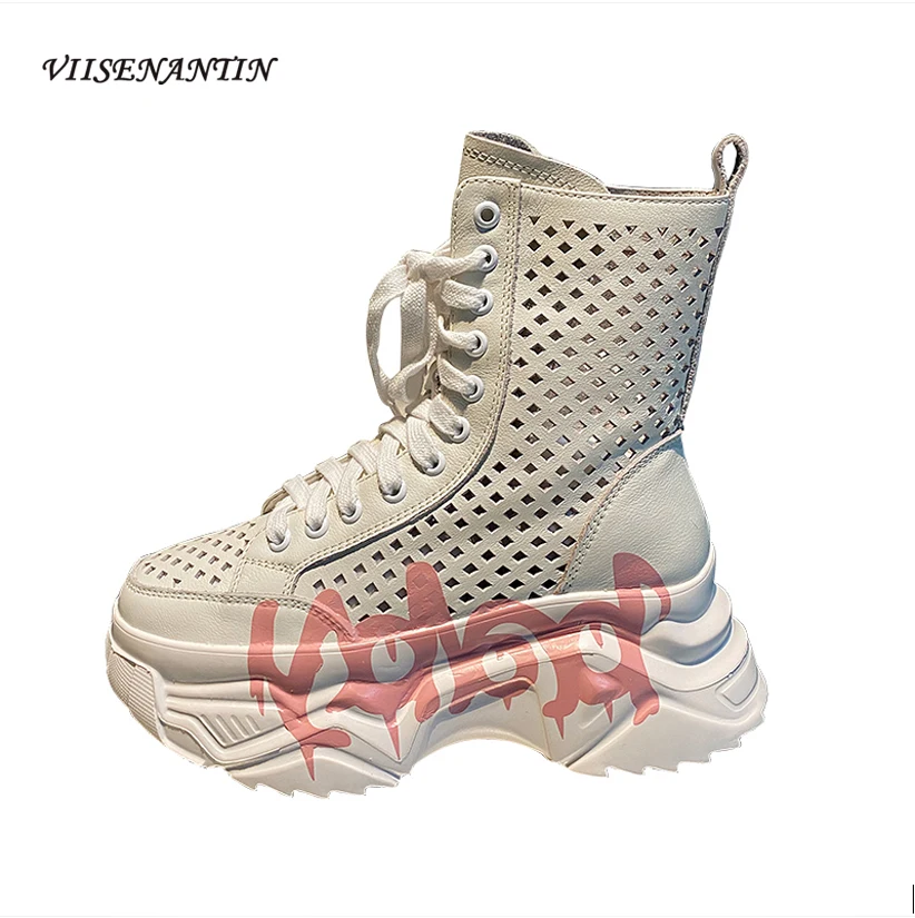 

Cowhide Graffiti Letters Hollow Mesh Increased Old Shoes Round Toe Lace High Top Platform Platform Short Boots Martin Boots