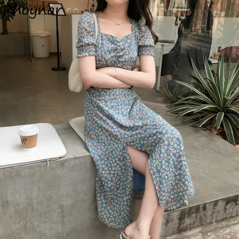 

Dresses Women Printing Side-slit Tender Ladies Vintage Casual All-match A-line Puff Sleeve Design Streetwear Empire Female Ins