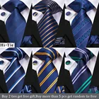 Hi-Tie дизайнерский подарок мужской галстук набор темно-синий полосатый Шелковый Свадебный галстук для мужчин модный качественный галстук Hanky запонки набор Прямая поставка