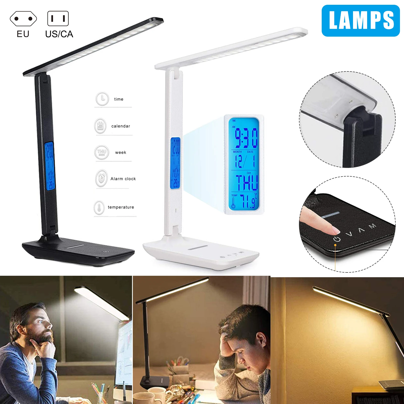 

LED Table Lamp Wireless Charging With Calendar Temperature Alarm Night Light Houdehold JA55