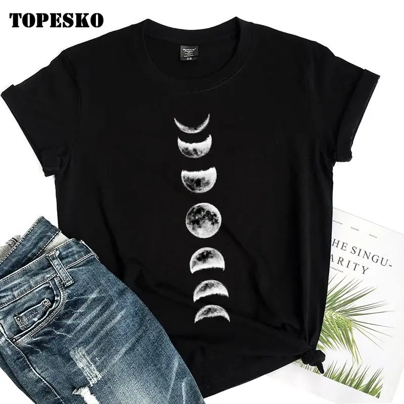 TOPESKO модная футболка с принтом Луны планеты женские 100% хлопковые рубашки круглым