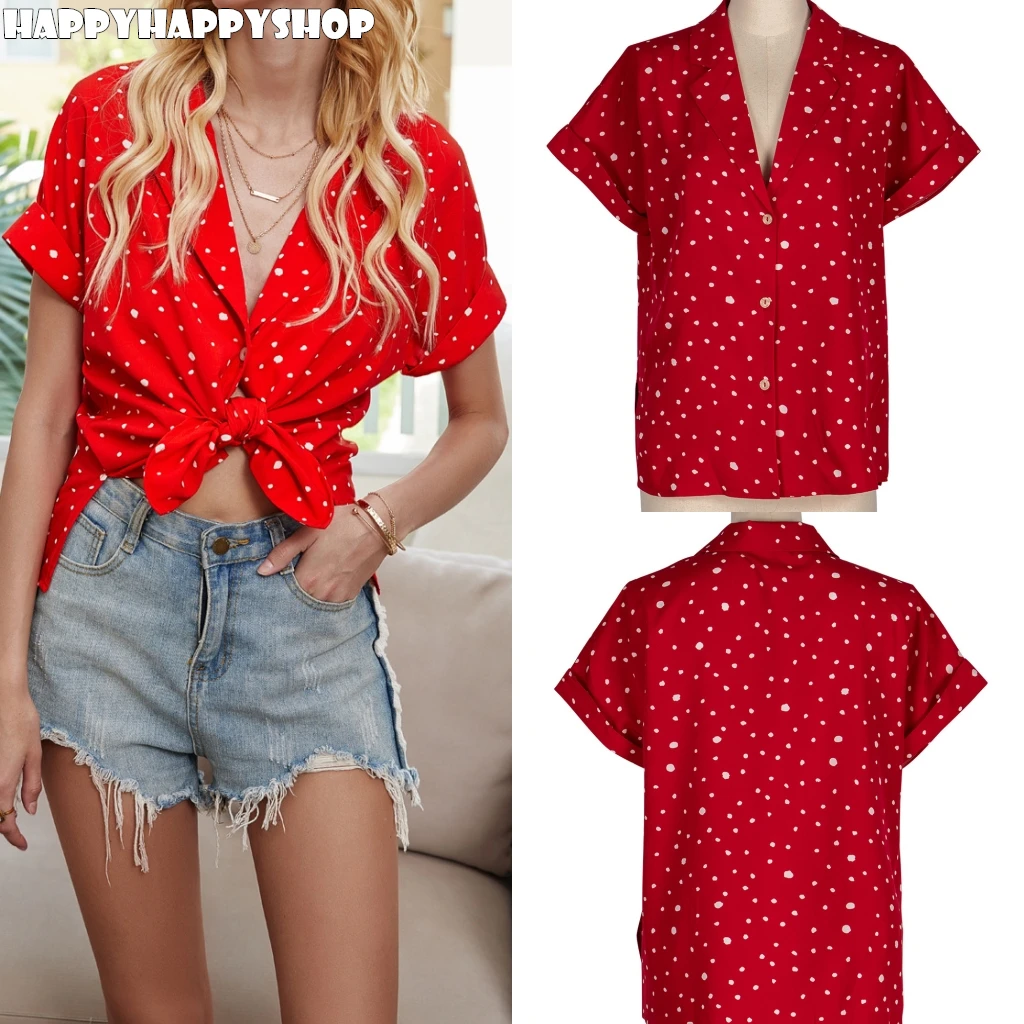 Женская шифоновая блузка в горошек с коротким рукавом и V образным