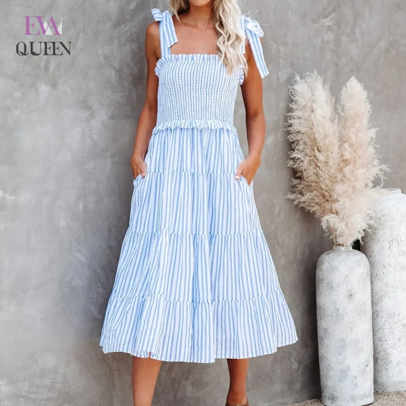 

EvaQueen Blue Striped Ruched Women Midi Dress Spaghetti Strap Tie Bow Backless Bohe Dresses Ruffle Summer Beach Party Vestidos