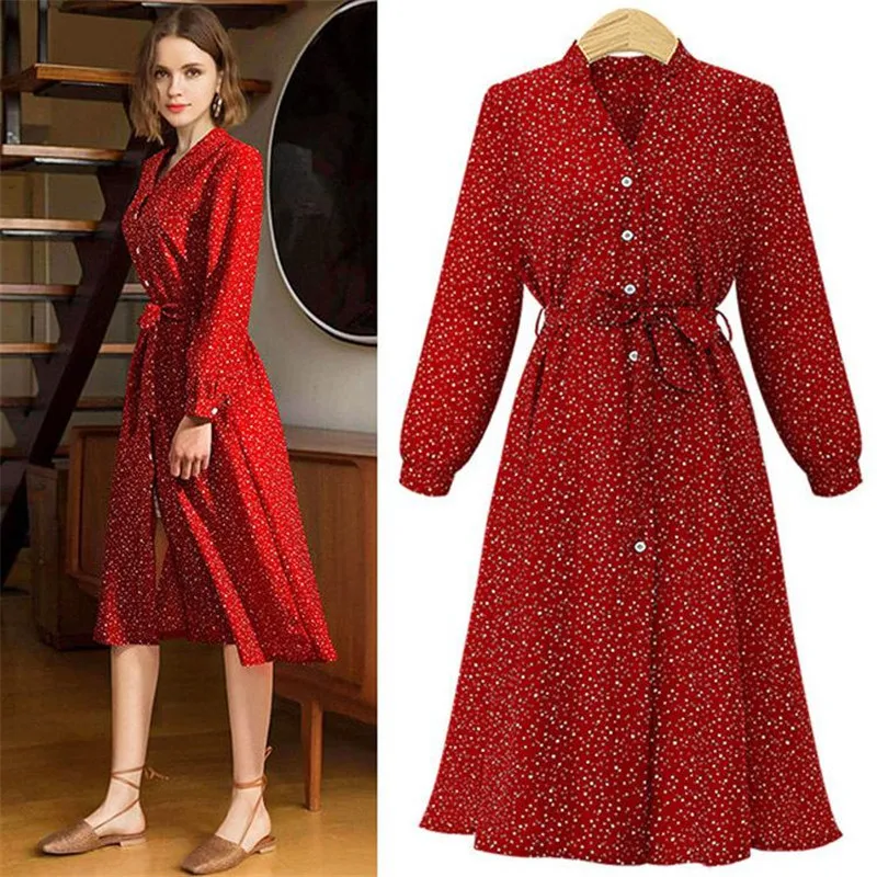 Женское винтажное офисное платье миди в горошек с V образным вырезом и длинным