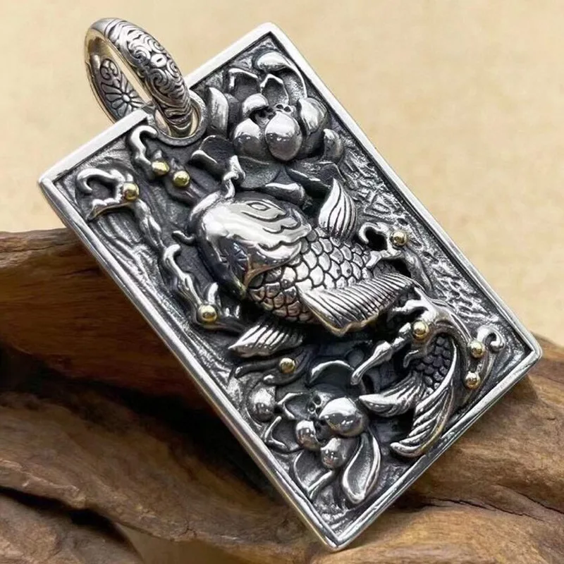

BOCAI New s925 Silver Jewelry Retro Carved Fish Play Lotus Tag Birthday Gift 2021 Fashion Man Pendant