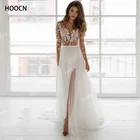 ТРАПЕЦИЕВИДНОЕ свадебное платье HERBURNL Fanweimei из тюля, с разрезом, аппликацией и глубоким декольте, со шлейфом и длинными рукавами, 2022