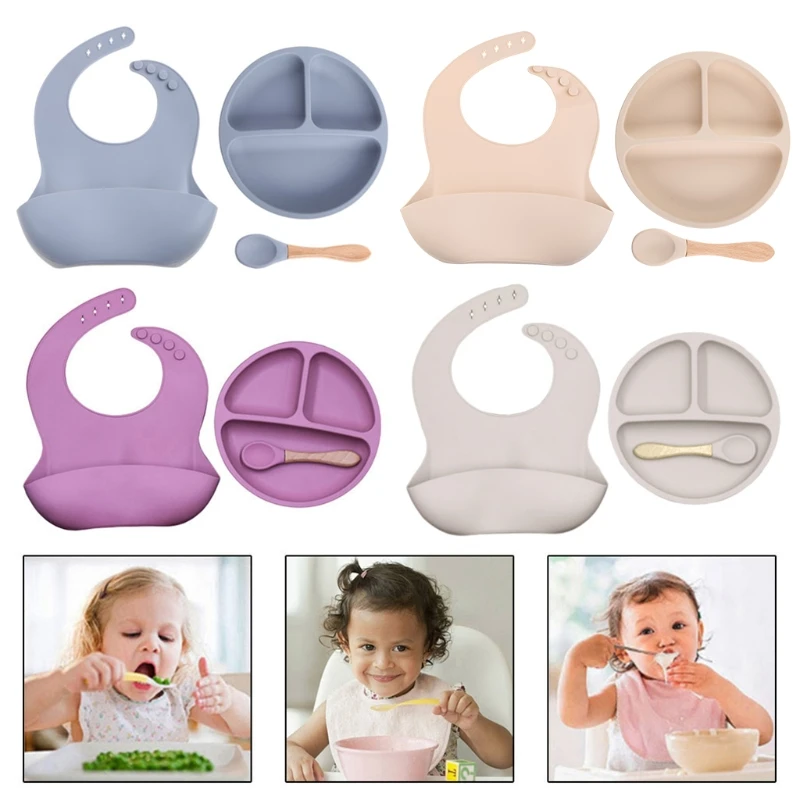 

3 Pcs/Set Baby Training Feeding Food Bowl Spoon Bibs Set Anti Slip Silicone Suction Divided Plate Tray Utensil BPA-Free