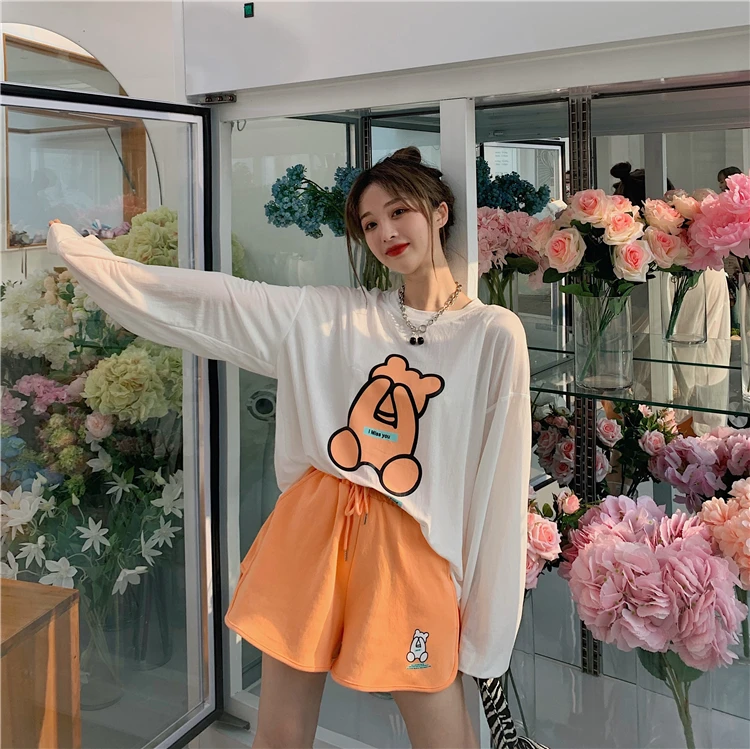 

YTX1196 2021 new Korean style loose lazy cartoon print western style long-sleeved sunscreen T-shirt