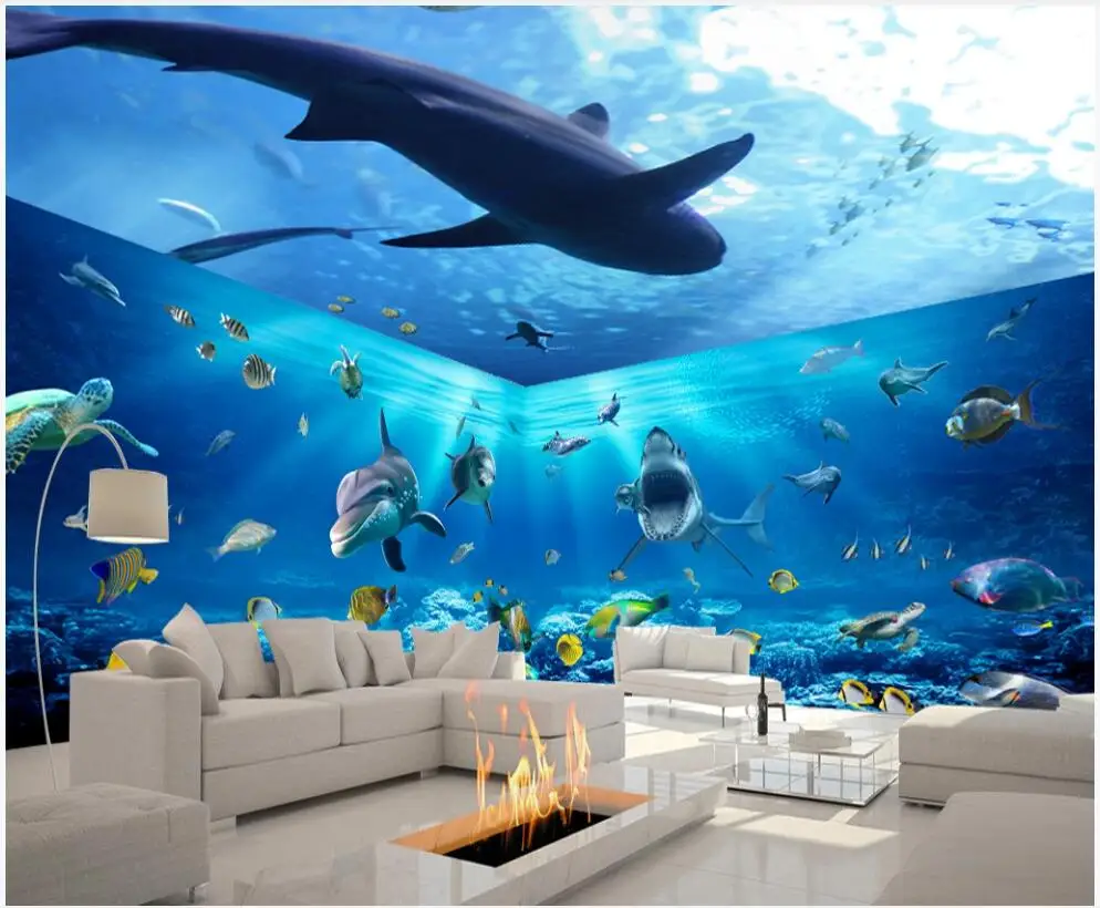 

Пользовательские фото 3d обои, великолепный подводный мир, Акула, полный фон с домами, домашний декор, гостиная, обои для стены 3 d