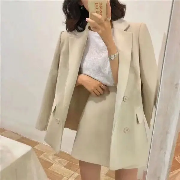 

Blazers Women Loose Spring Solid All-match Pockets Retro Double Breasted Office Lady Fashion Formal Elegant Popular Streetwear