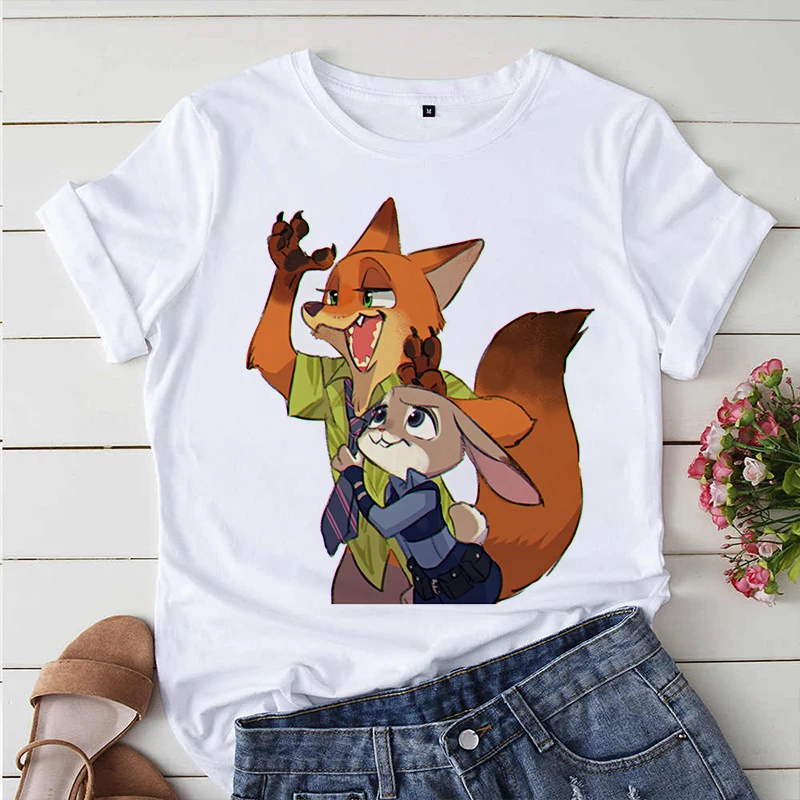 

Женская футболка с принтом Диснея Zootopia, белая футболка в стиле Харадзюку, уличная одежда, летняя модная женская футболка в Корейском стиле