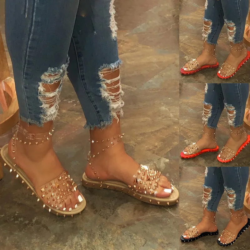 Sfit 2020 женские сандалии на плоской подошве летние открытые с заклепками удобная