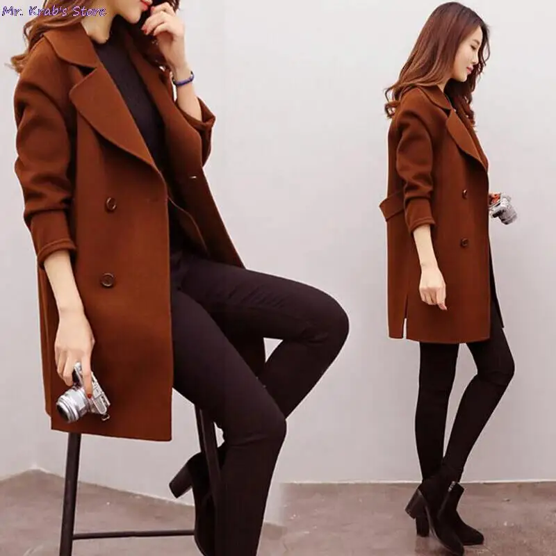 

Женское шерстяное пальто, осенне-зимняя кашемировая верхняя одежда из смесовой шерсти, теплое длинное пальто размера плюс, приталенное пал...