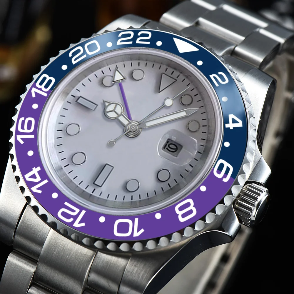 

Watch automatic GMT men's mechanical watch sapphire crystal white dial luminous hand steel case 40mm luxury date A8