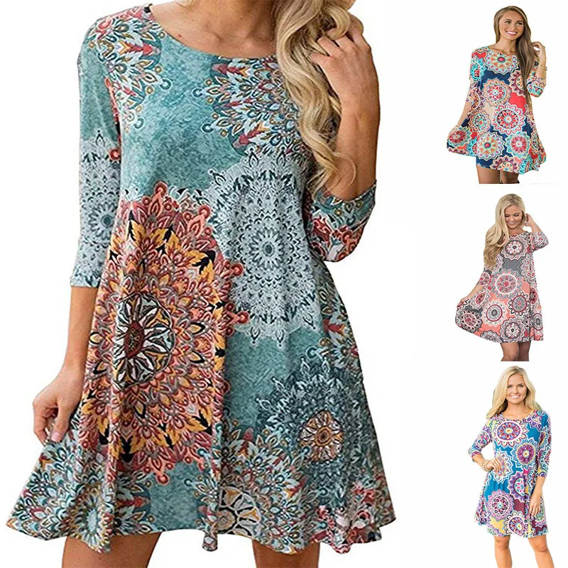 

2021Summer Autumn New Pocket Quarter Sleeve Ethnic Print Mid Waist Dress Big Shirt Dress Dress for Women Plus Size Women Dress