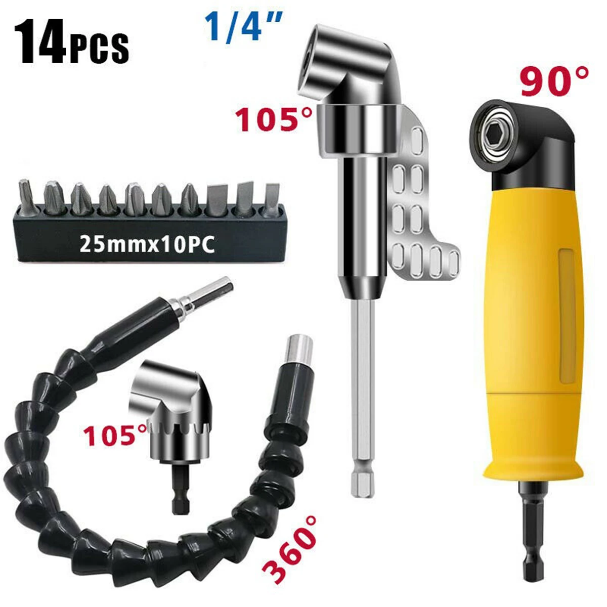 

14Pcs Driver Socket Adapter Carbon Steel Drill Extension Set 105Degree Right Angle Driver Extension 1/4"Hex Shank Socket Adapter