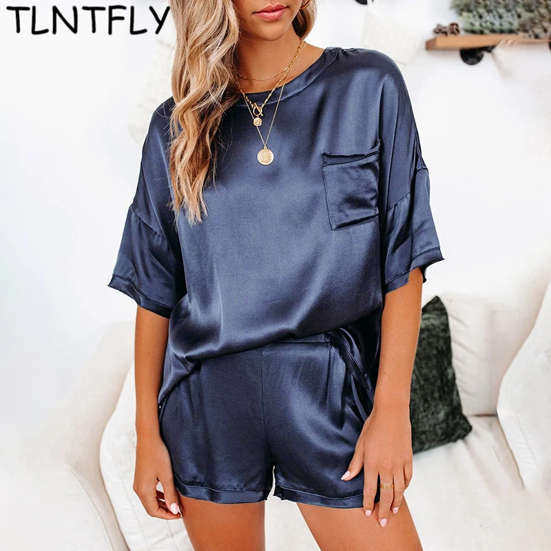 

Shorts And T-Shirt For Women Set Casual Fashion Solid Color Satin Loose Blouse Urban Streetwear Short Sleeve Suit Sexy Elegant