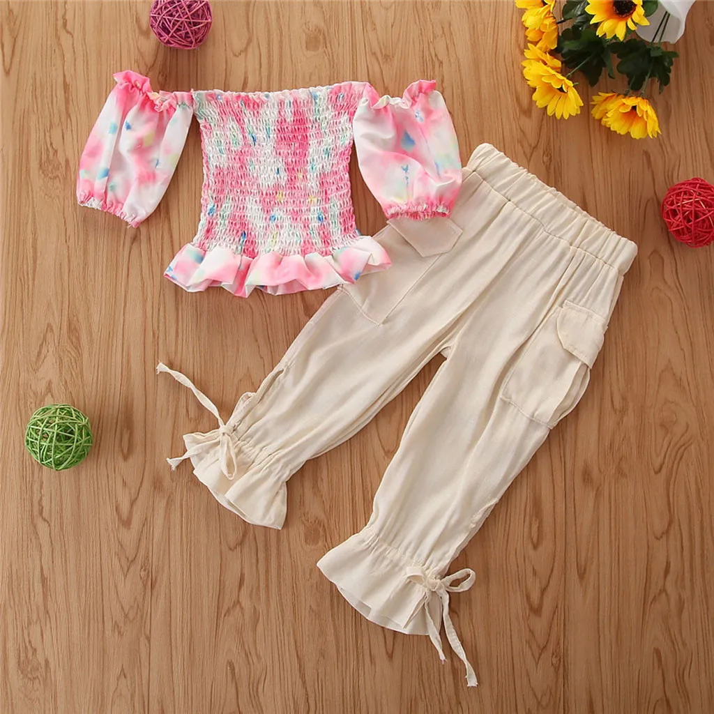 Топы с открытыми плечами и цветочным принтом для маленьких девочек + штаны