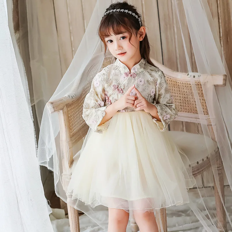 Autumn Long Sleeve New 2019 Girls Dress Fashion Lace Veil Embroidered Cheongsam Chinese Style Purple Pink Princess |