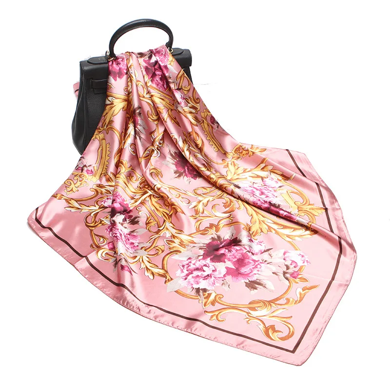 

2020 Spring Female Satin Silk Scarf 90*90cm Big Square Scarves Printed Women Scarf Purple Shawl Hijab Scarf Headwear Neckerchief
