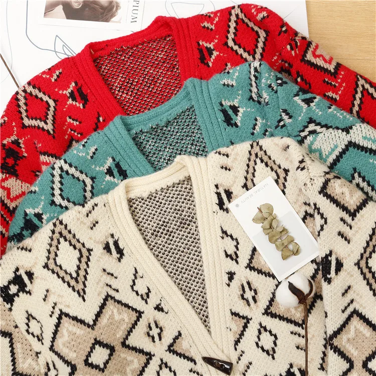 

Retro Literary Geometric Cardigan Sweater Women's Single-breasted Pocket Thickened Loose Knit Cardigan Jumpers Spring Autumn