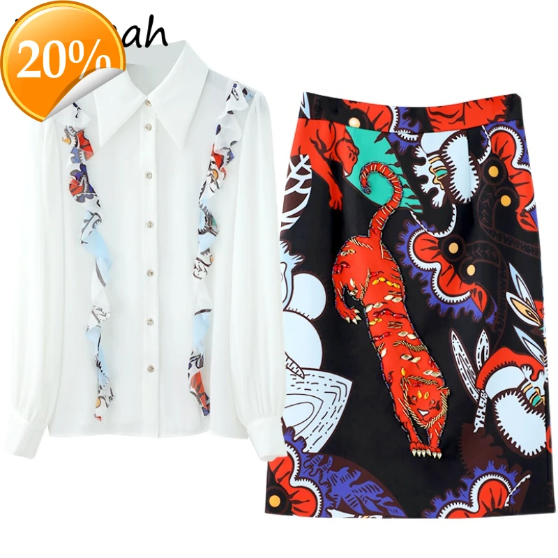 

Women Summer Fashion Runway Rock Set Lateral Shell Loose blouses + High waist Midi Print skirts 2-piece suits