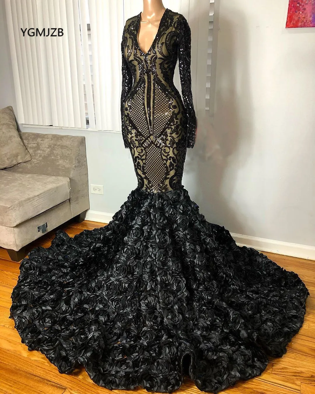 Long Sleeves Sequined Prom Dresses 2021 Mermaid Royal Blue for Black Girls Celebrity Sexy African Formal Evening Gowns