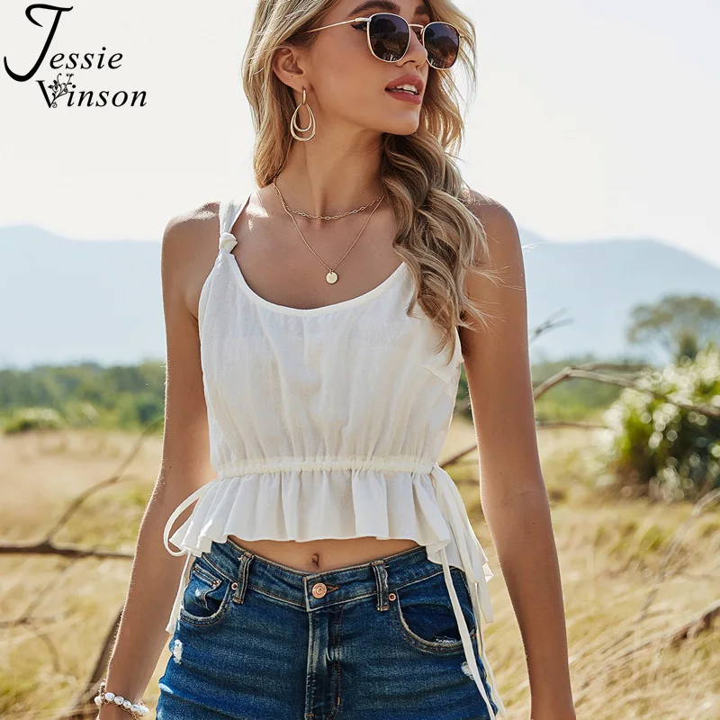 

Джесси Винсон летний сексуальный белый топик футболки для женщин без рукавов шнурок однотонные Короткие топы, хлопковая Футболка с принтом...