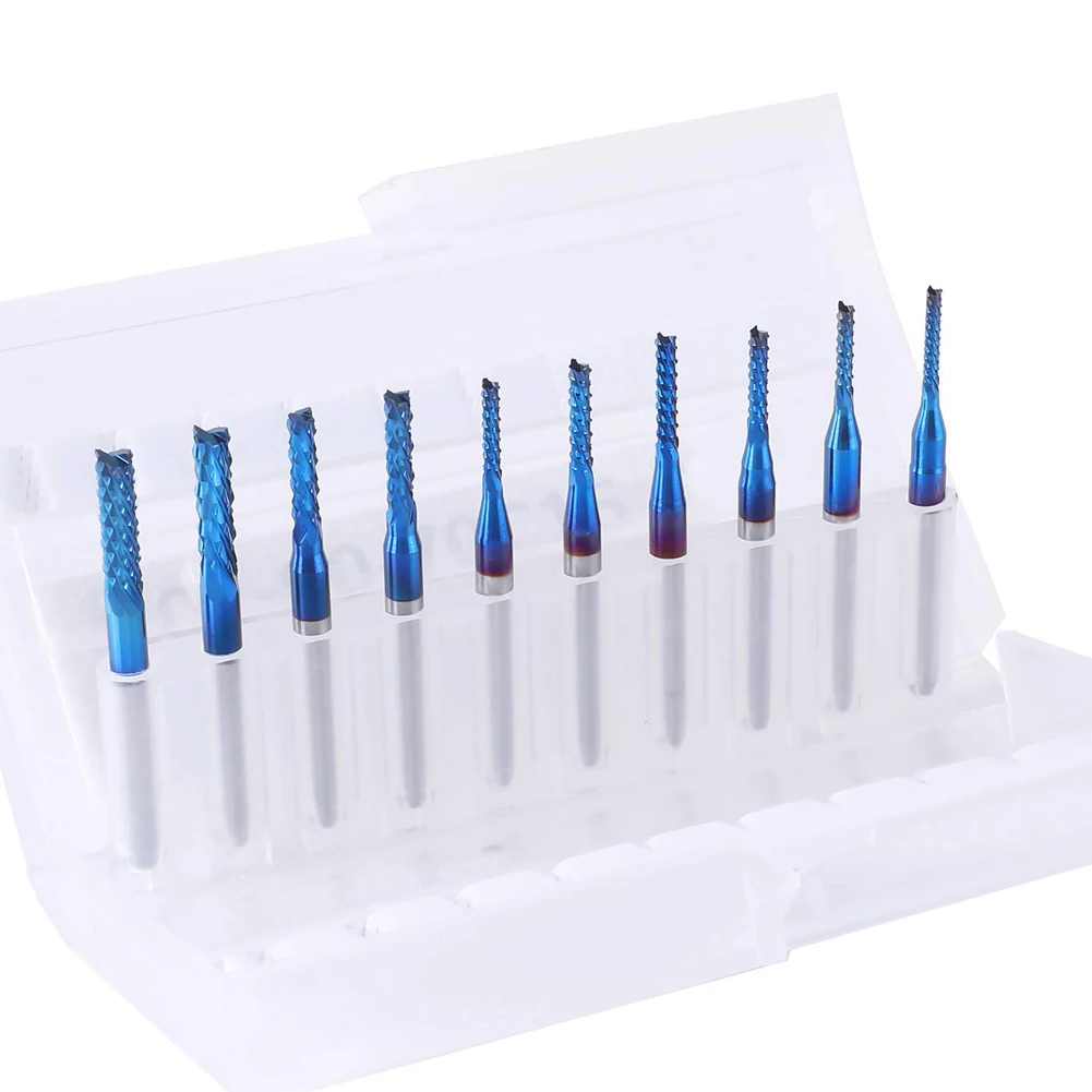 

10pcs Nano Blue Coated Single Flute CNC Router Bit Tungsten Carbide Spiral End Mills Milling Cutter CNC Router End Milling New
