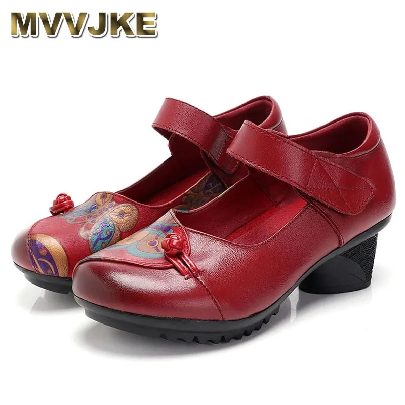 

MVVJKE New Arrival 2021 Women Autumn Spring Genuine Leather Low Thick Heels Shoes Handmade Vintage Shoes Cowhide Woman Pumps