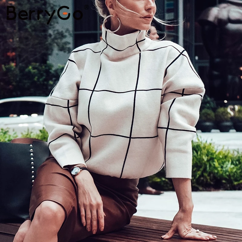 BerryGo элегантный офисный женский клетчатый пуловер свитер повседневная водолазка