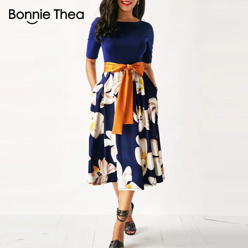Bonnie Thea женское летнее и осеннее синее платье с принтом женское офисное элегантное платье с цветочным принтом больших размеров вечерние длинные большие платья