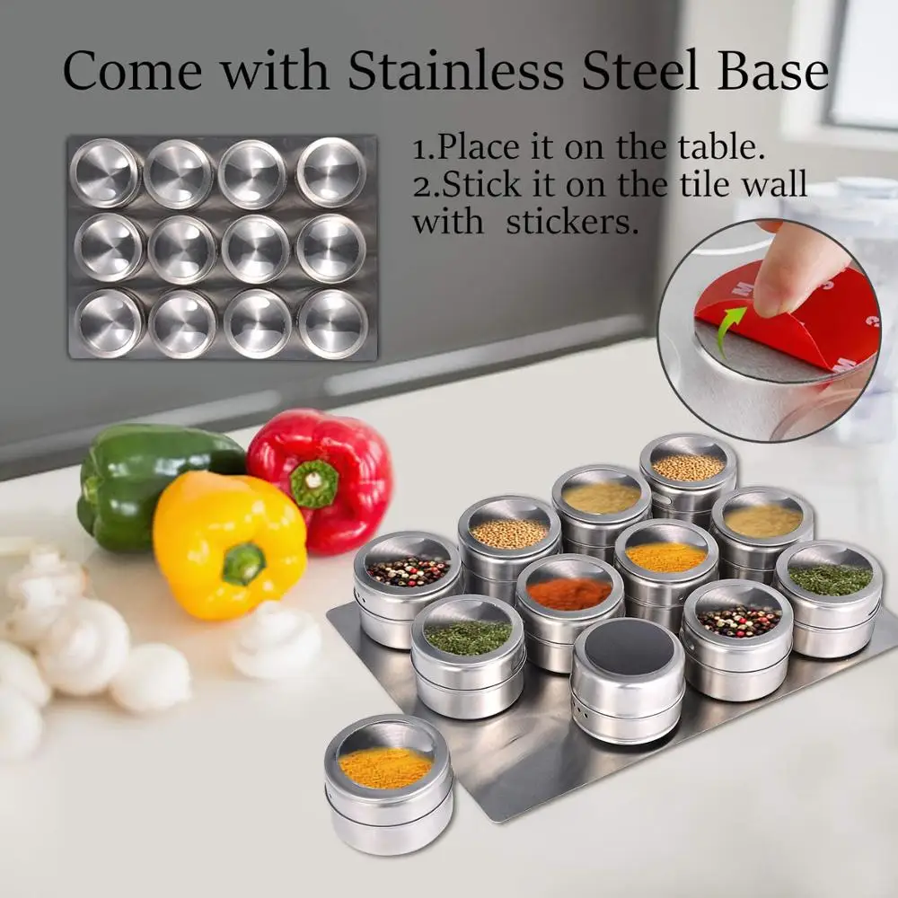 Magnetic Spice Jars With Wall Mounted Rack Stainless Steel Tins Seasoning Containers Label | Дом и сад