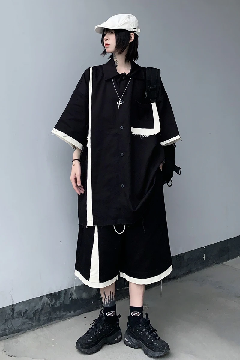 

Dark black fashion suit women's 2021 summer new ins trend splicing short sleeve shirt + shorts two piece set fashion