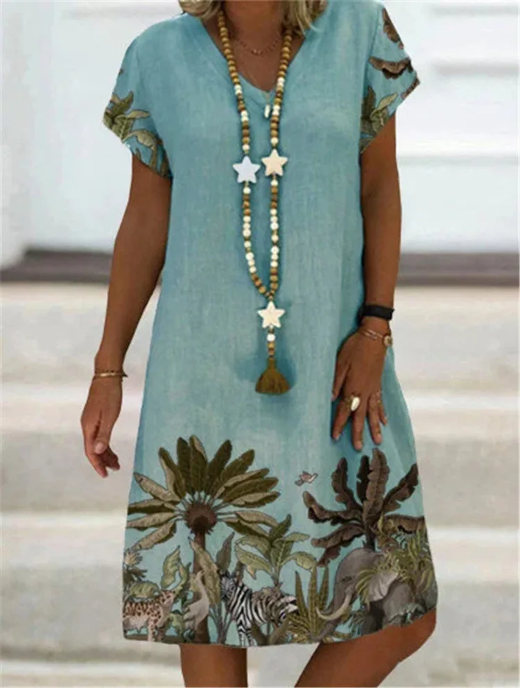 

Big Size Dress for Women Summer 2021 Loose flowers Printed Dresses Ladies Leisure V Neck party dress Vestidos plus size