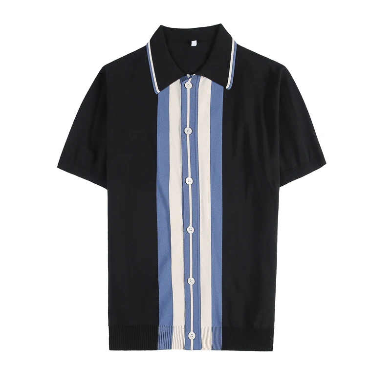 

Short-sleeved Knit Summer POLO Shirt Men British Trend Slim Cardigan Color Contrast Lapel Business Casual POLO Shirts Male Tee